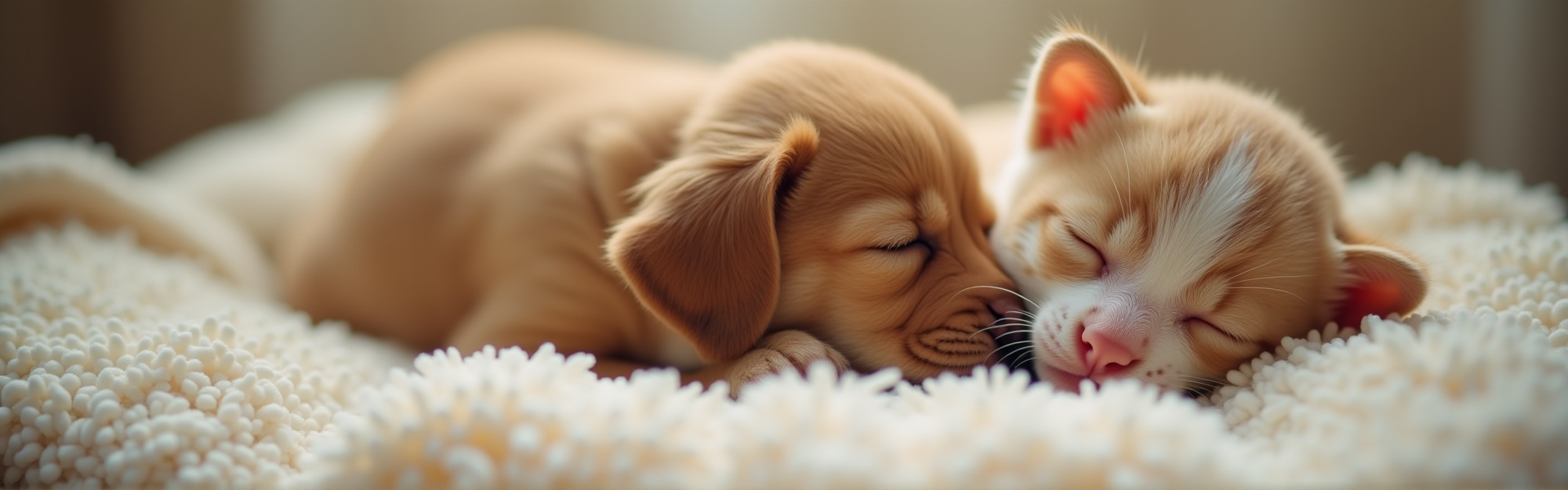 Cute puppy and kitten sleeping together