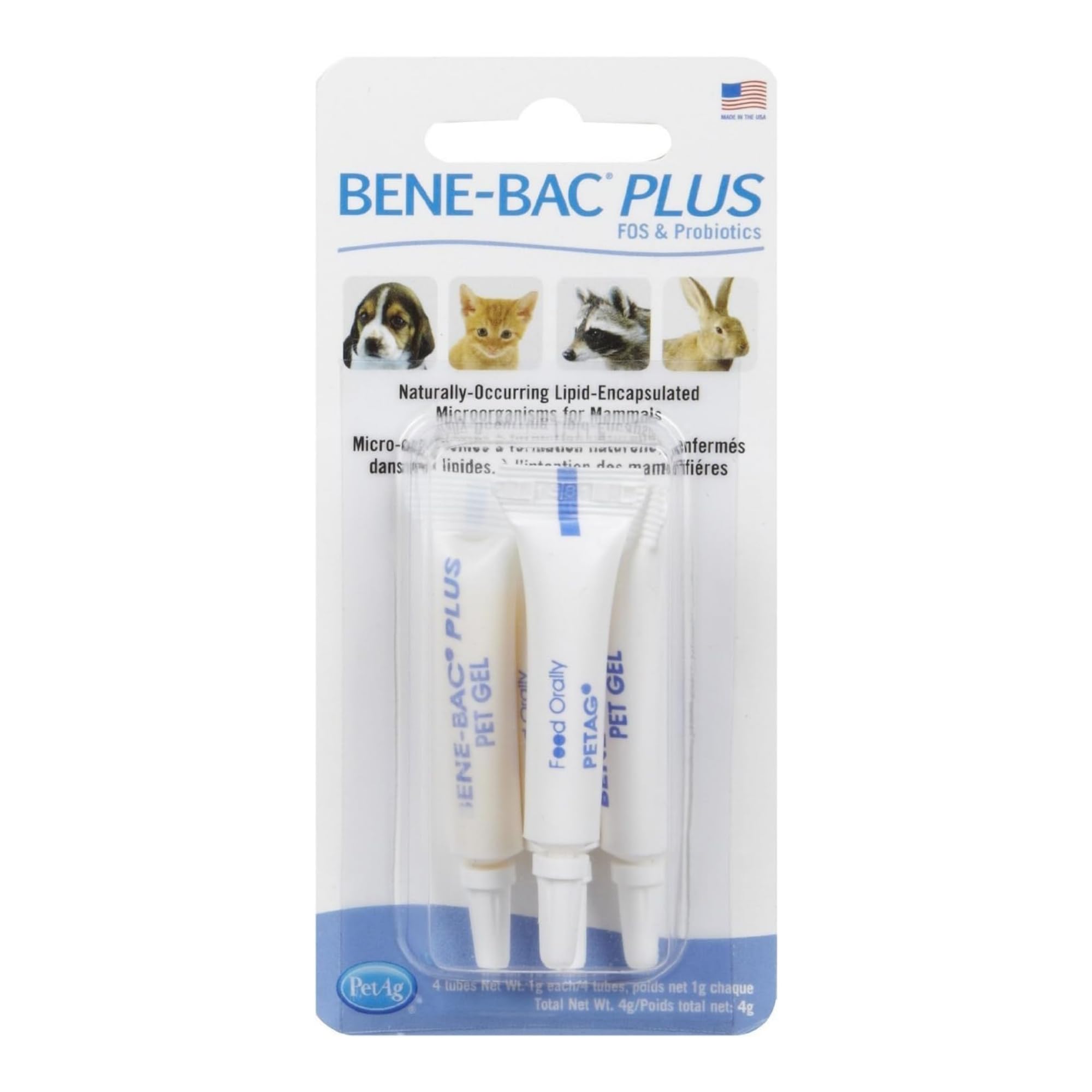 Pet-Ag Bene-Bac Plus Pet Gel - 1 g Tube, Pack of 4 - FOS & Probiotics for Dogs, Cats, Exotic & Wildlife Mammals