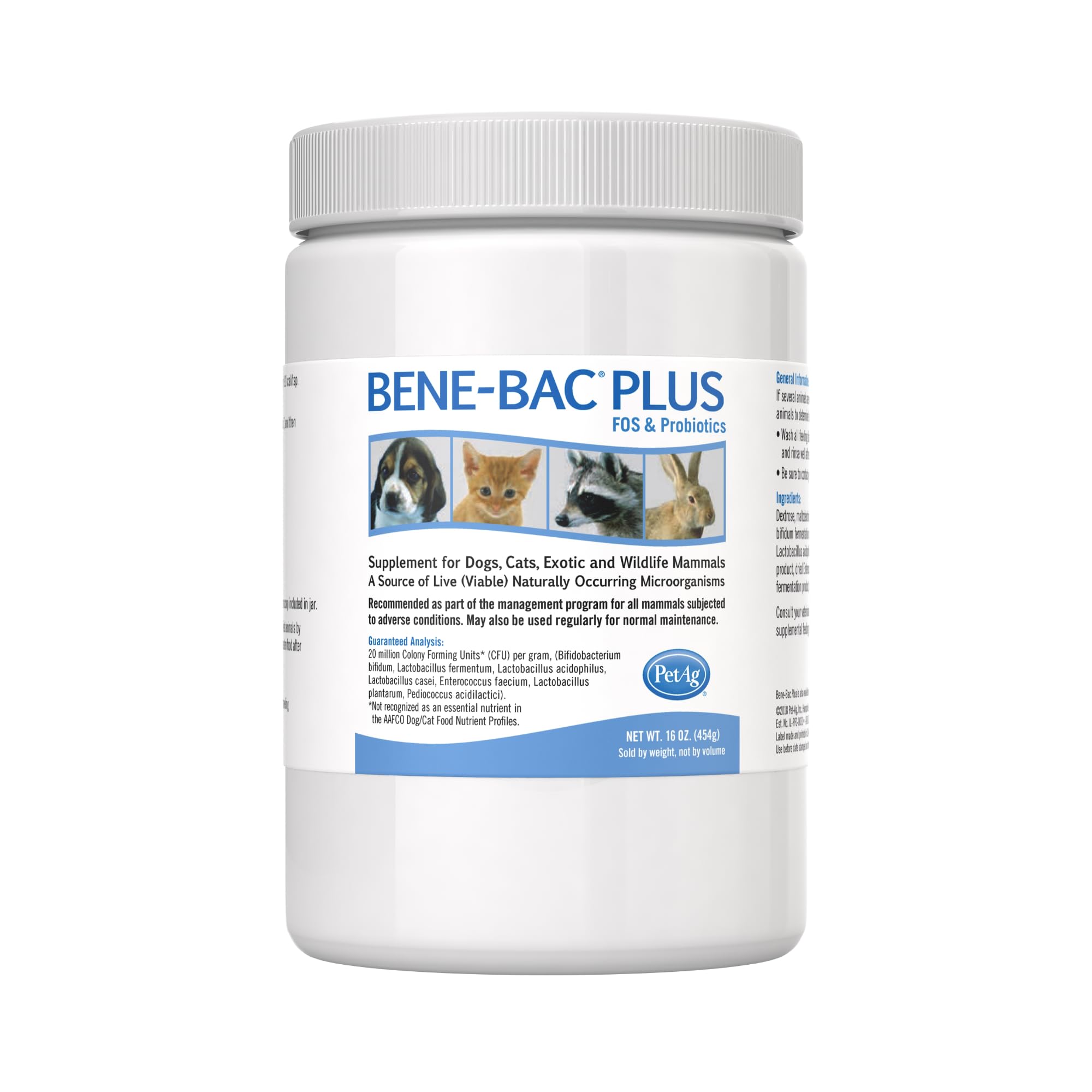 PetAg Bene-Bac Plus - 1 lb Powder - FOS & Probiotics for Dogs, Cats, Exotic & Wildlife Mammals