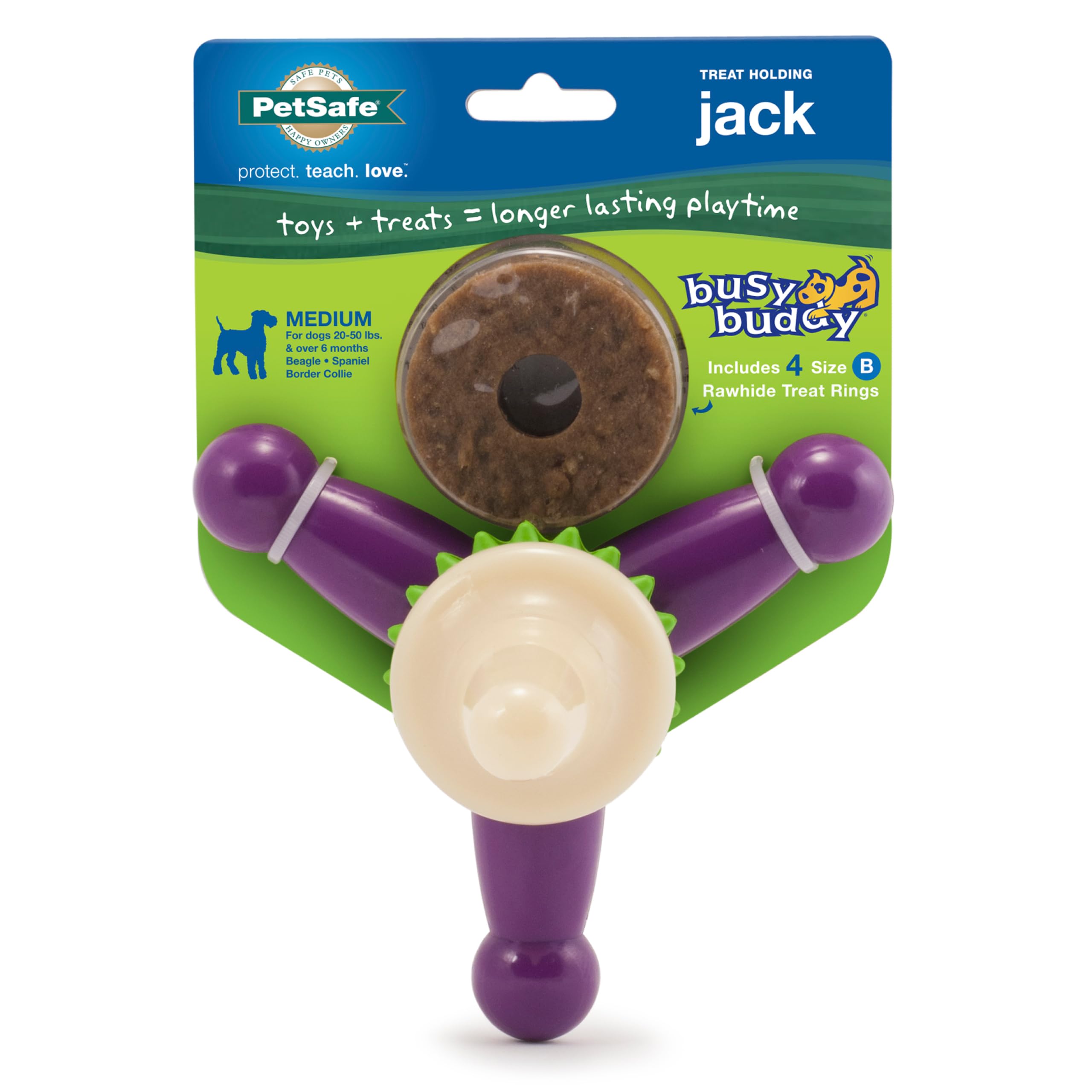 PetSafe Busy Buddy Jack - Keeps Dog Busy - Includes Treats Refill - Treat Holding Dog Toy - Helps Clean Teeth - Durable Rubber - Strong Chewers - Dishwasher Safe - Medium - Purple, Purple, Medium