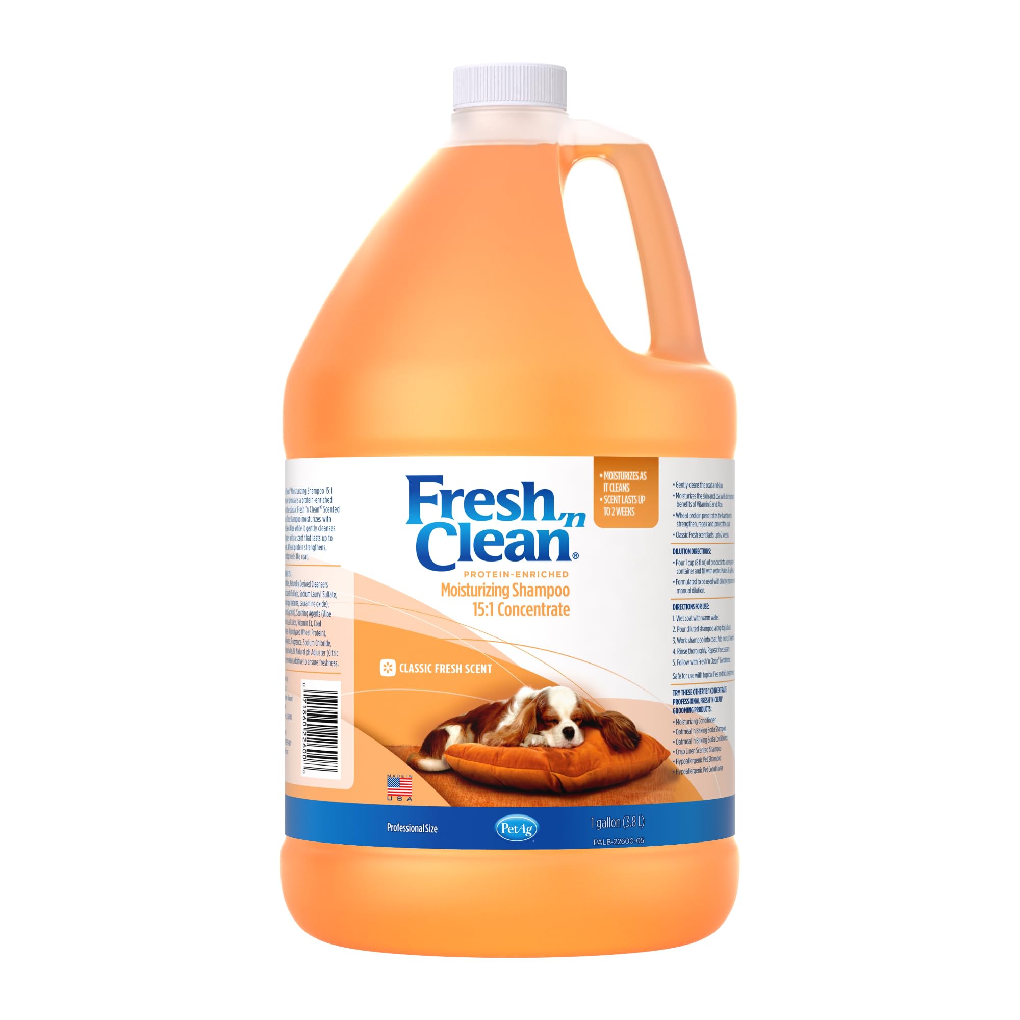 PetAg Fresh ’n Clean Moisturizing Shampoo, Classic Fresh Scent (15:1 Concentrate) - 1 Gallon - Moisturizes with Vitamin E & Aloe Vera - Strengthens & Repairs Coats - Soap Free