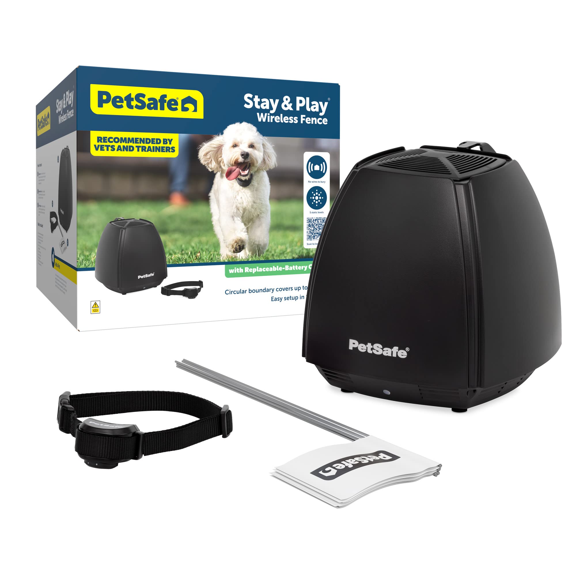 PetSafe Stay & Play Wireless Fence with Replaceable Battery Collar - Circular Boundary Covers Up to 3/4 Acre, Wireless Fence Kit