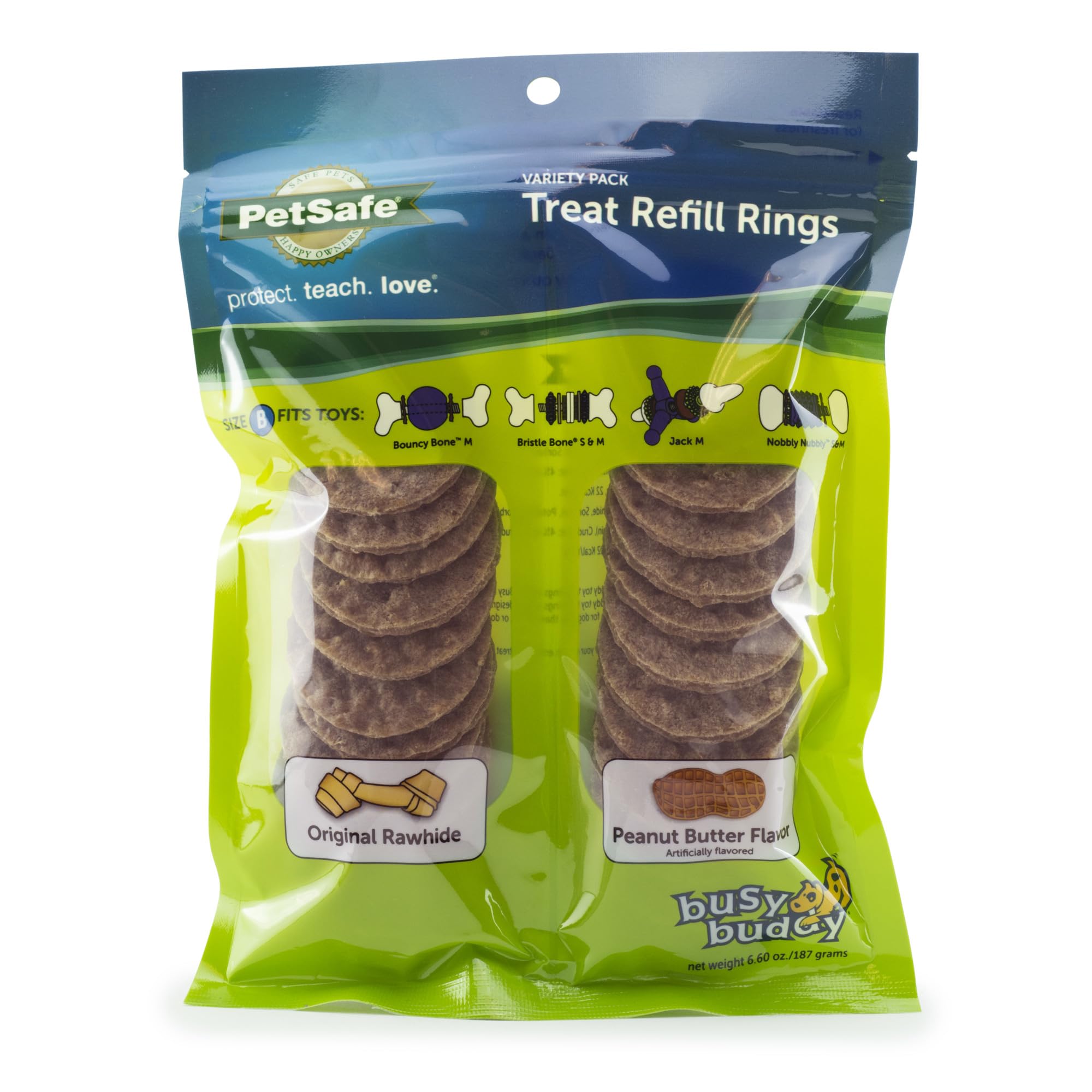 PetSafe Busy Buddy Rawhide Treat Rings Variety Pack - Long-Lasting Chew Refills - Peanut Butter & Original Rawhide Flavors - Delicious Dog Treat - Size B - 24 Count, Medium (SIZE B)