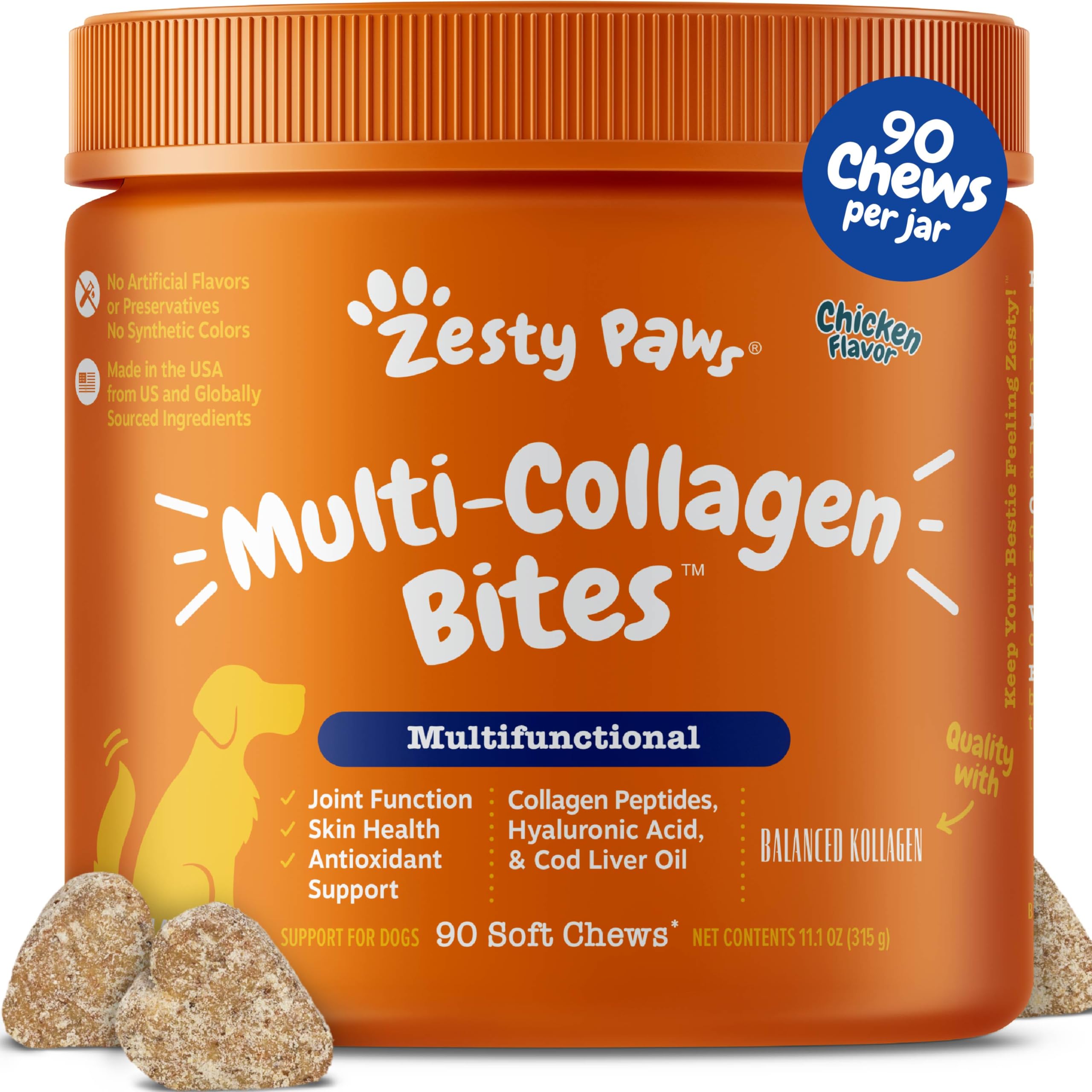 Zesty Paws Multi Collagen Soft Chews for Dogs - for Hip, Joint & Cartilage Support + Skin Health - with Collagen - Plus Eggshell Membrane, Vitamin C & Hyaluronic Acid - 90 Count