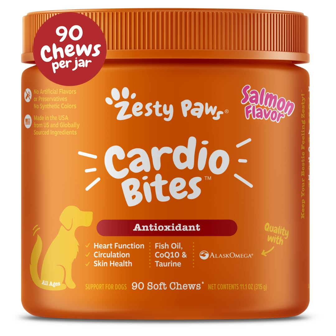 Zesty Paws Cardiovascular Support for Dogs - Taurine for Dogs - with CoQ10, L Carnitine & Sea Buckthorn - Senior Heart Health - AlaskOmega Fish Oil Omega 3 - Senior - Salmon - 90 Count