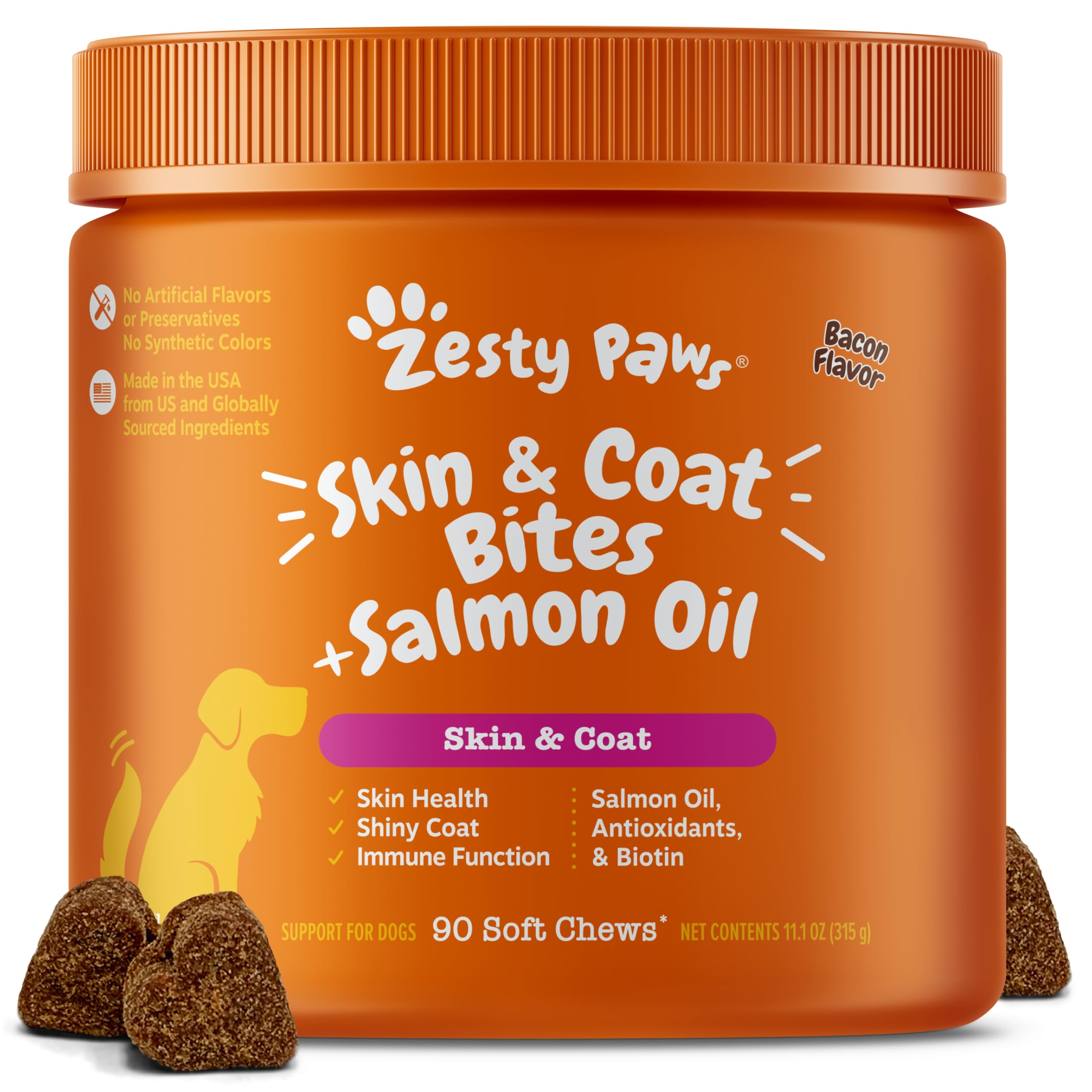 Zesty Paws Salmon Oil for Dogs Skin and Coat, Omega 3 Fish Oil Chews, Dog Allergy Relief Chews, Itch Relief Supplement, 90 Count, Bacon Flavor