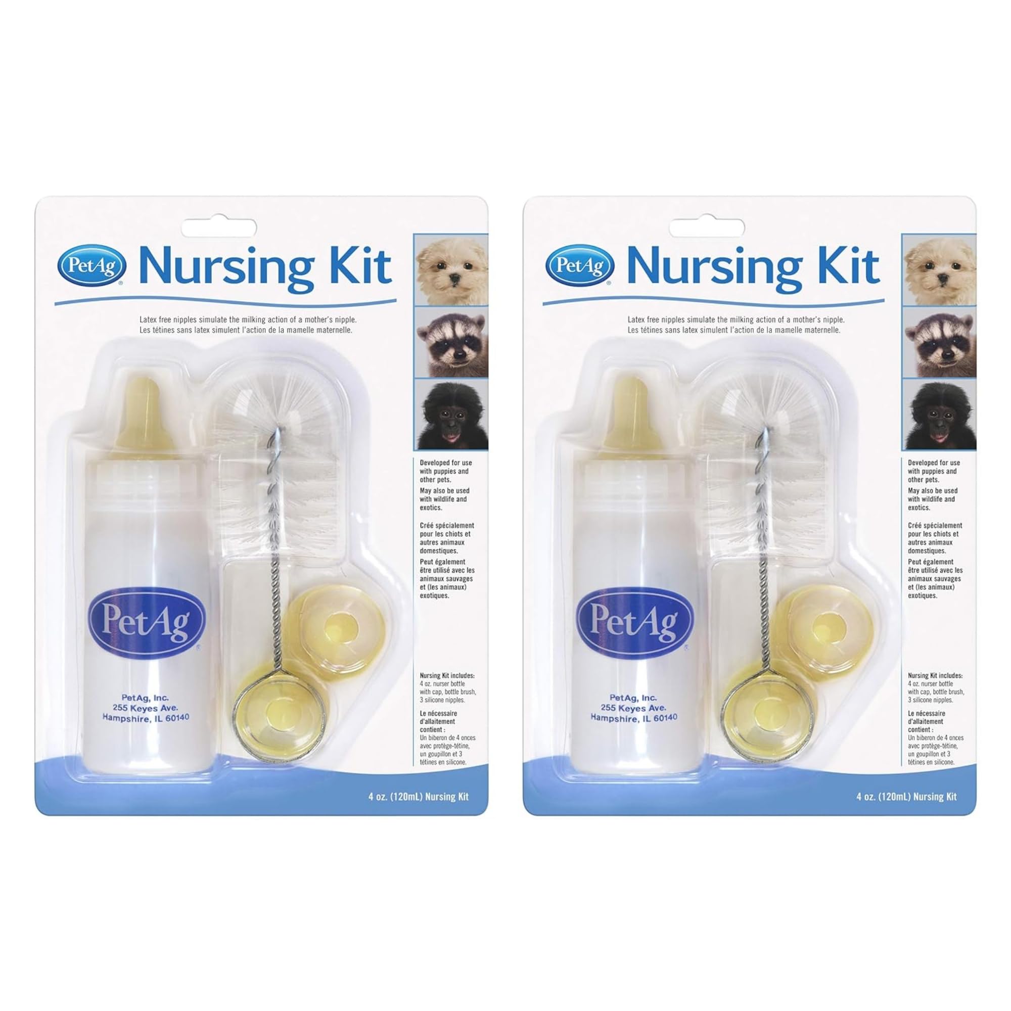 Pet-Ag Nursing Kit - 4 oz, Pack of 2 - Promotes The Natural Feeding of Liquids to Baby Animals - Each Kit Includes 4 oz. Bottle with Cap, 3 Nipples & Cleaning Brush