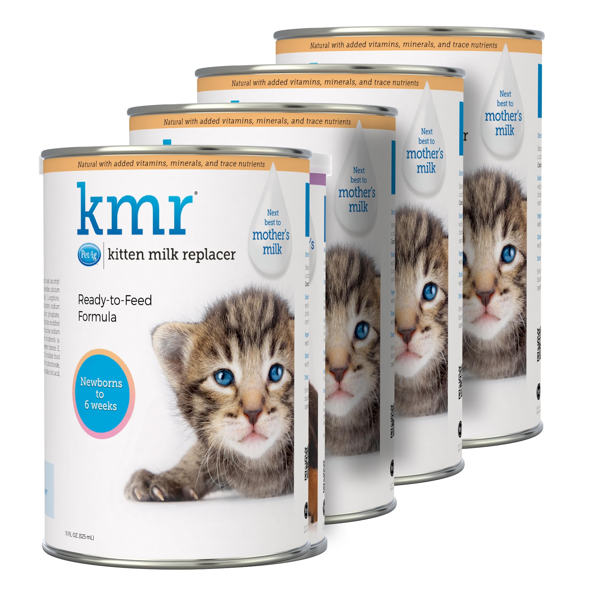 PetAg KMR Kitten Milk Replacer Liquid - 11 oz, Pack of 4 - Ready-to-Feed Kitten Formula with Prebiotics, Probiotics & Vitamins for Kittens Newborn to Six Weeks Old - Easy to Digest