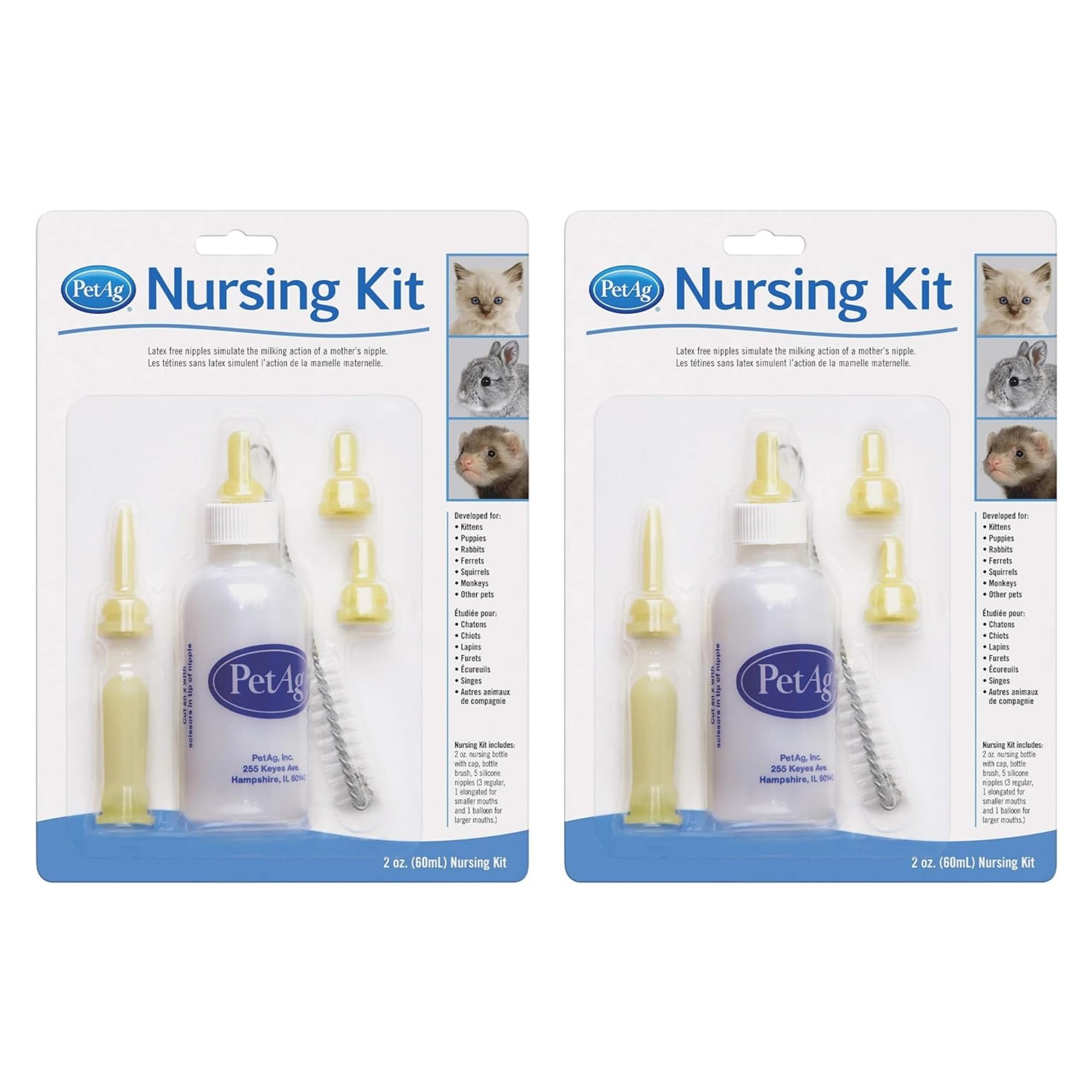 PetAg Nursing Kit - 2 oz, Pack of 2 - Promotes The Natural Feeding of Liquids to Baby Animals - Each Kit Includes 2 oz. Bottle with Cap, 5 Nipples & Cleaning Brush