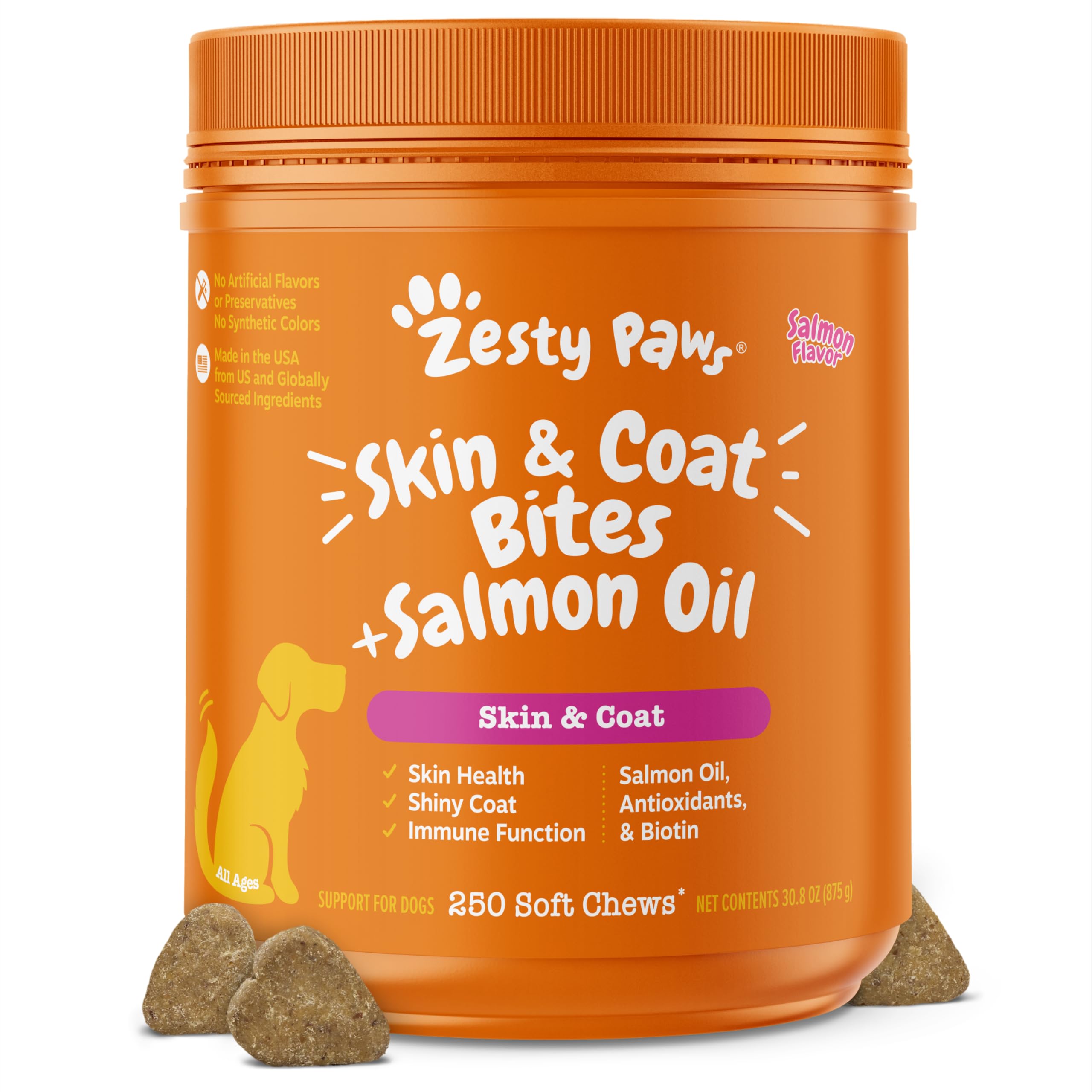 Zesty Paws Salmon Oil for Dogs Skin and Coat, Omega 3 Fish Oil Chews, Dog Allergy Relief Chews, Itch Relief Supplement, 250 Count, Salmon Flavor