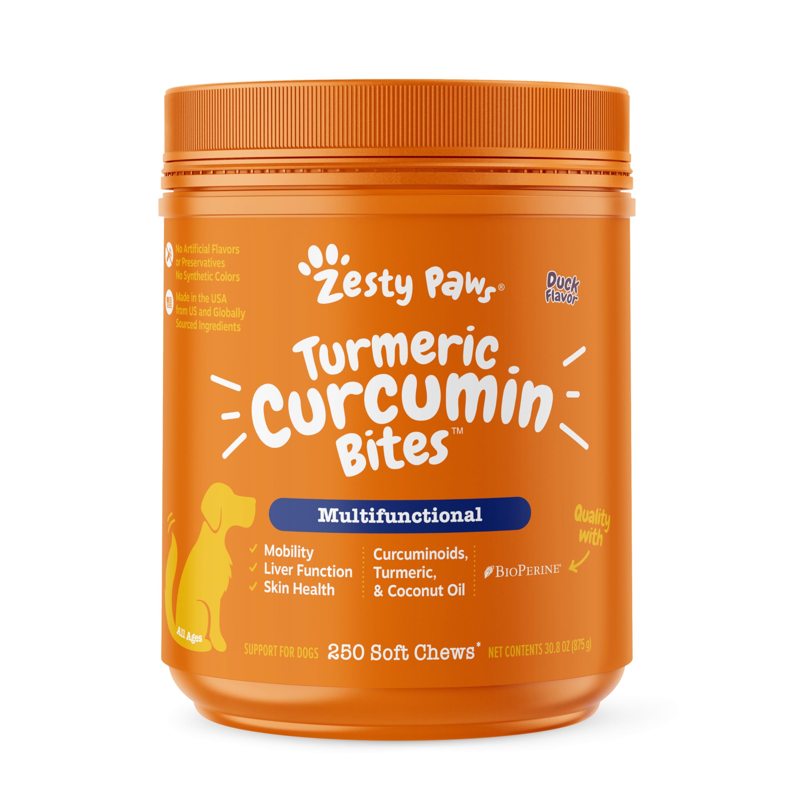 Zesty Paws Turmeric Curcumin for Dogs - for Hip & Joint Mobility Supports Canine Digestive Cardiovascular & Liver Health Coconut Oil for Skin Health with 95% Curcuminoids + BioPerine - 250 Count