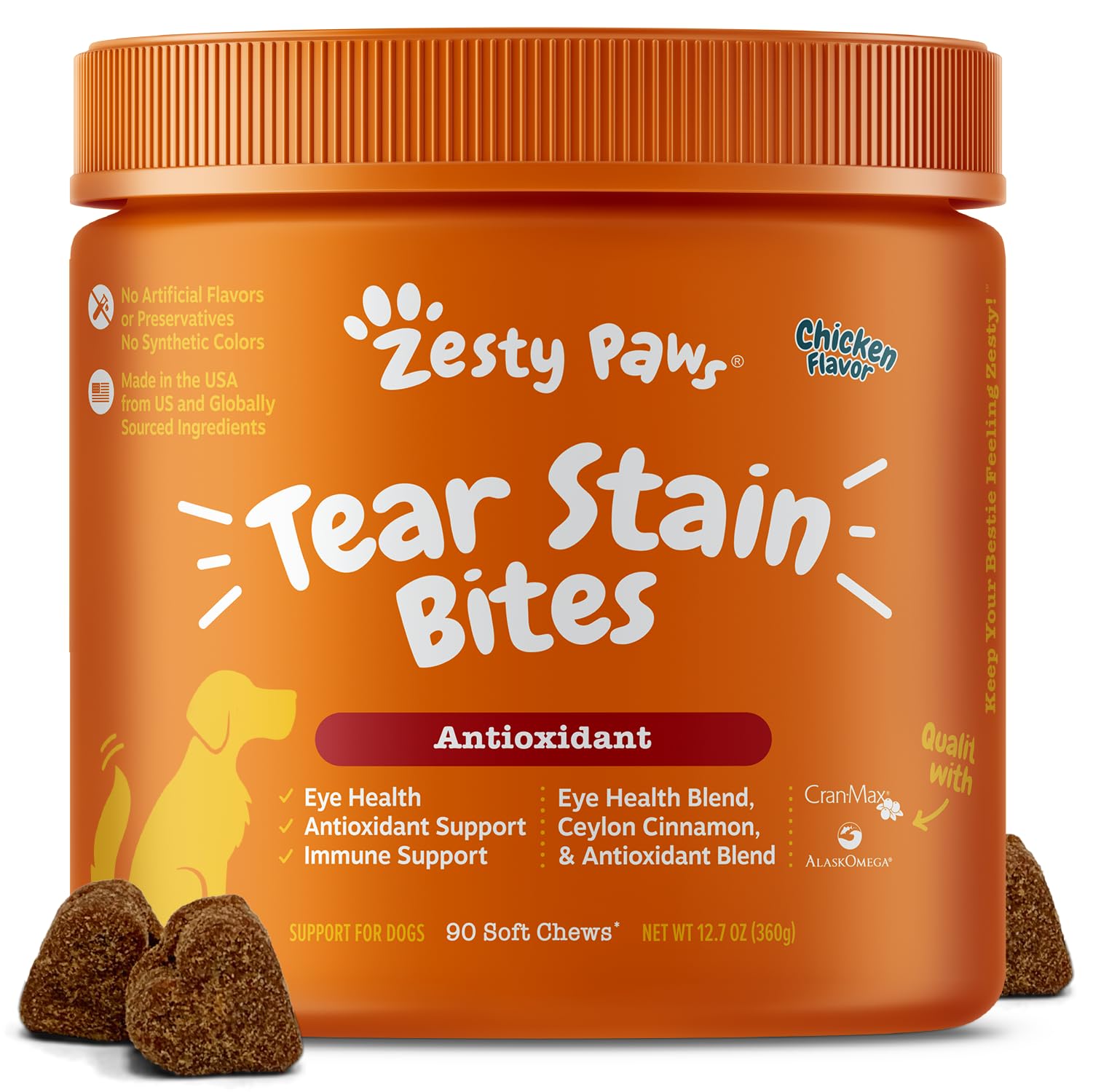 Zesty Paws Tear Stain Support Soft Chews for Dogs - for Eye Moisture + Vision & Immune Support - Functional Supplements with Fish Oil, Lutein, Cranberry & Vitamin C - Chicken Flavor - 90 ct