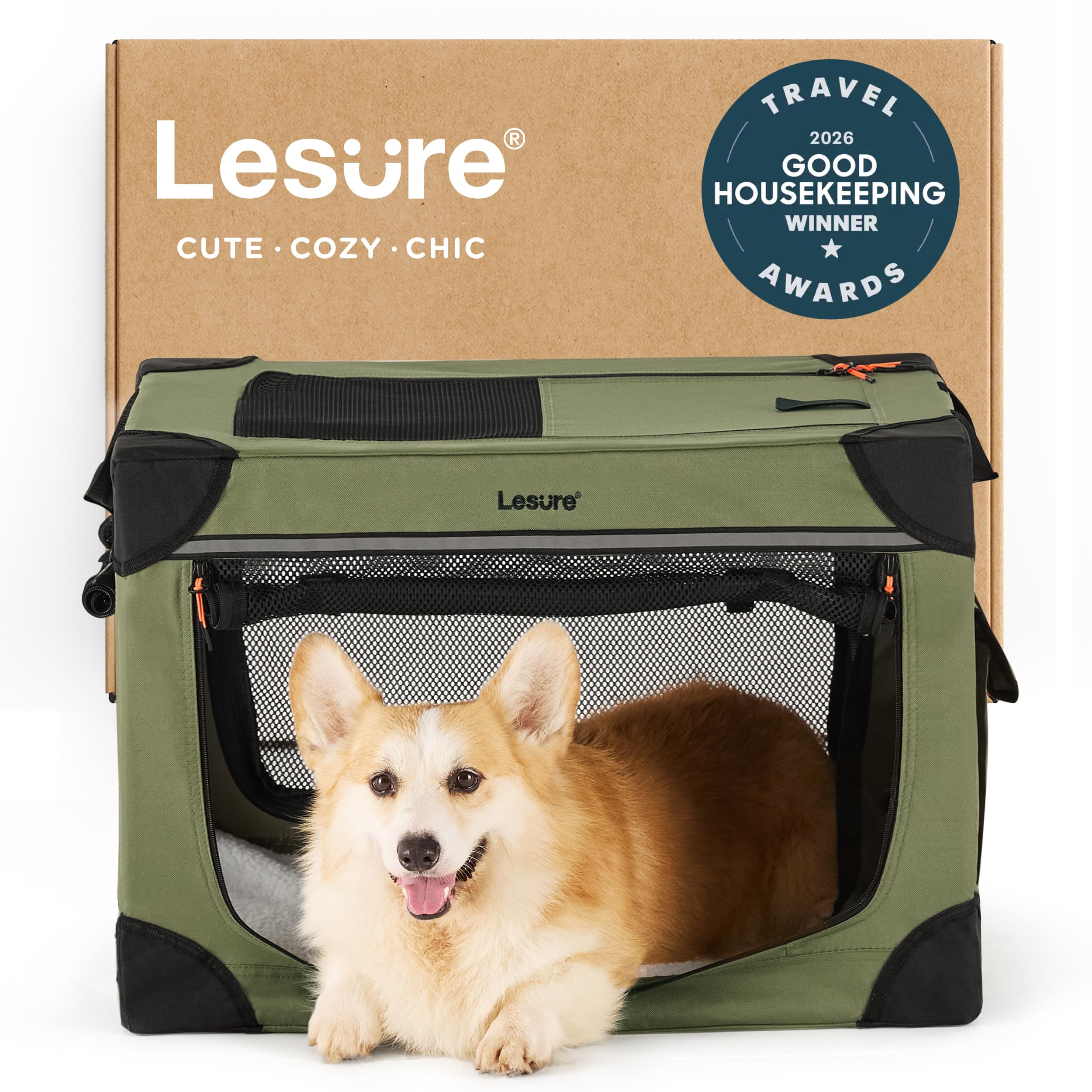 Lesure Shown on TODAY Show Soft Collapsible Dog Crate - 26 Inch Portable Travel Crate for Small Dogs Indoor & Outdoor, 4-Door Foldable Pet Kennel with Mesh Windows, Green