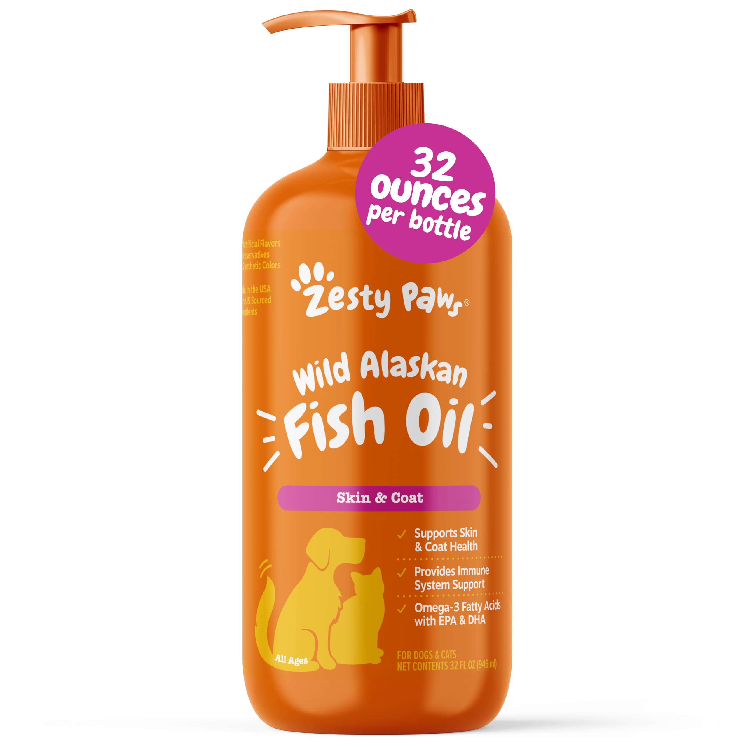 Zesty Paws Wild Alaskan Fish Oil for Dogs & Cats - Pollock & Salmon Oil Blend - Omega 3 Fatty Acids EPA & DHA for Pets - for Sensitive Skin + Coat Health - Immune System Support - 32 fl oz