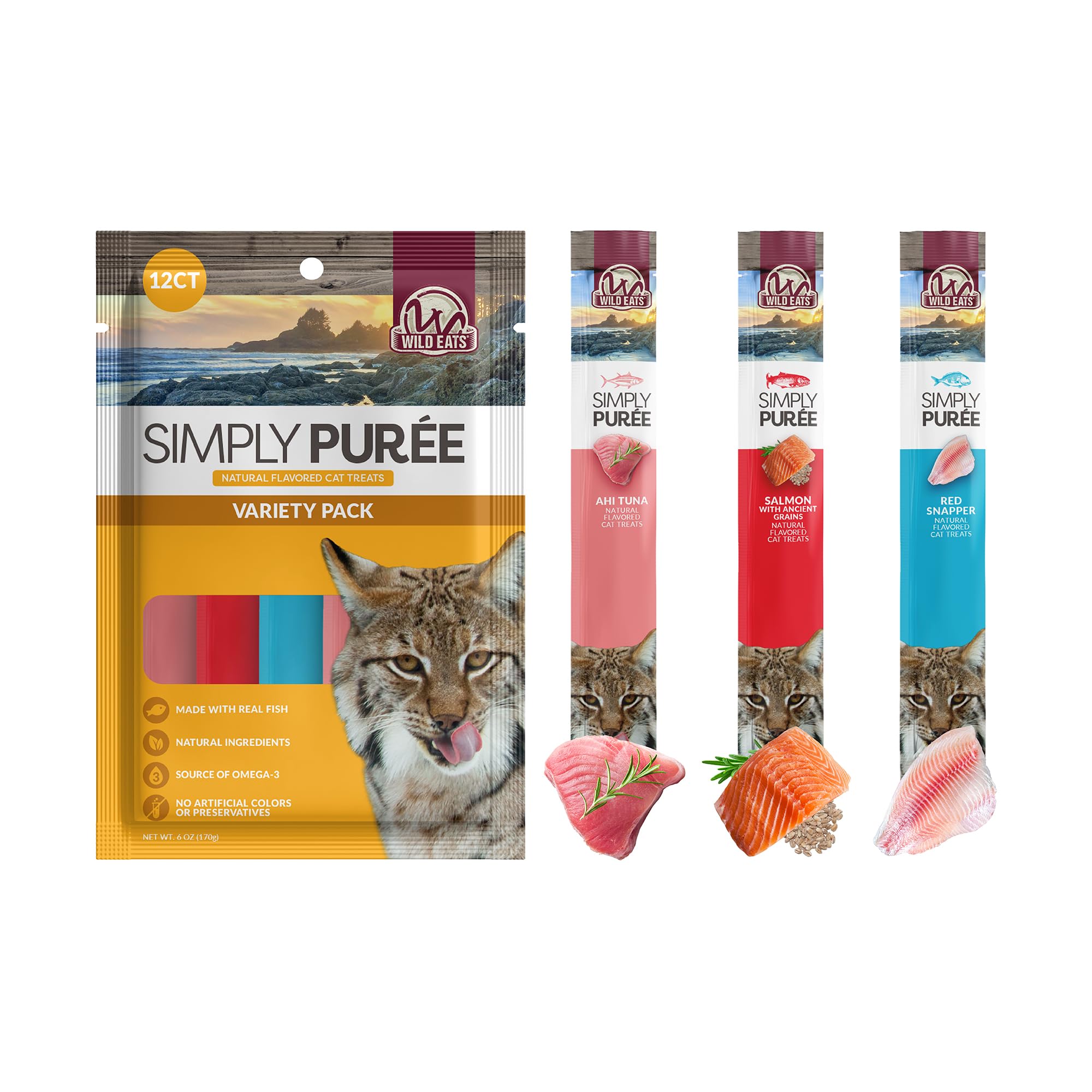 Wild Eats Lickable Cat Treats Exotic Fish Variety Pack 12ct - Ahi Tuna, Wild Pink Salmon, Red Snapper - Puree Bisque