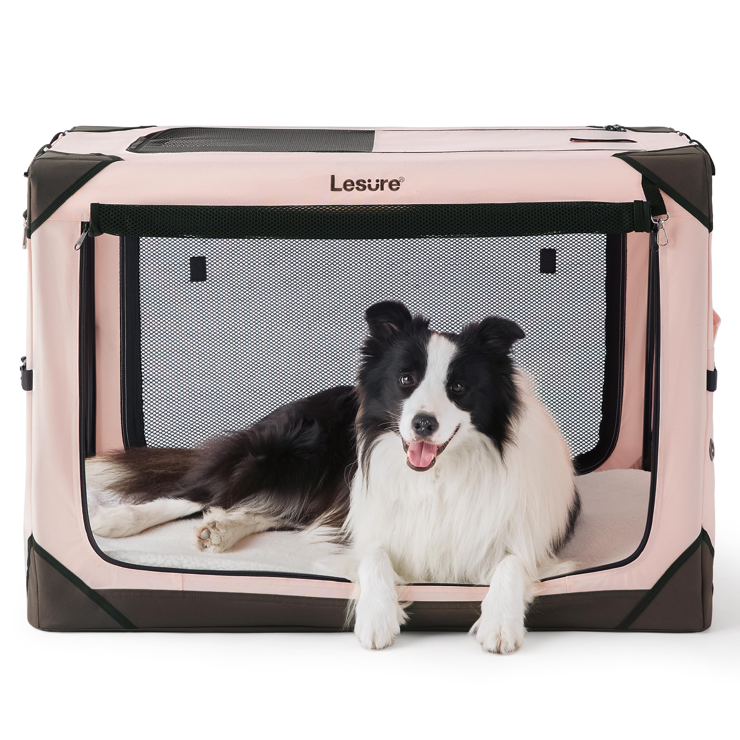 Lesure Collapsible Dog Crate - Portable Travel Kennel for Large Dog, 4-Door Pet Crate with Mesh Windows, Indoor & Outdoor, Pink