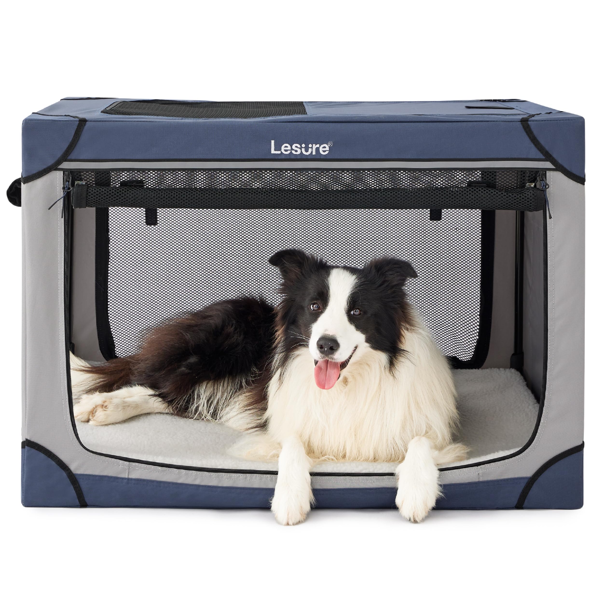 Lesure Shown on TODAY Show Soft Collapsible Dog Crate - 36 Inch Portable Travel Crate for Large Dogs Indoor & Outdoor, 4-Door Foldable Pet Kennel with Mesh Windows, Blue