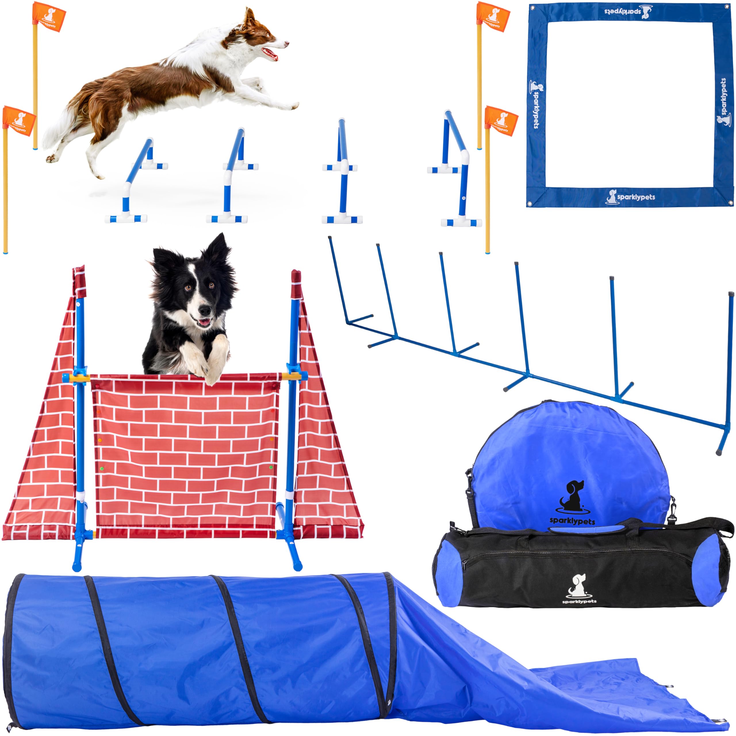 SparklyPets Premium 5 pcs Agility Training Equipment for Indoor & Outdoor – Fun Dog Obstacle Agility Course Backyard Set with Castle Jump, Long Jump, Weave Poles, Pause Box & Closed Tunnel