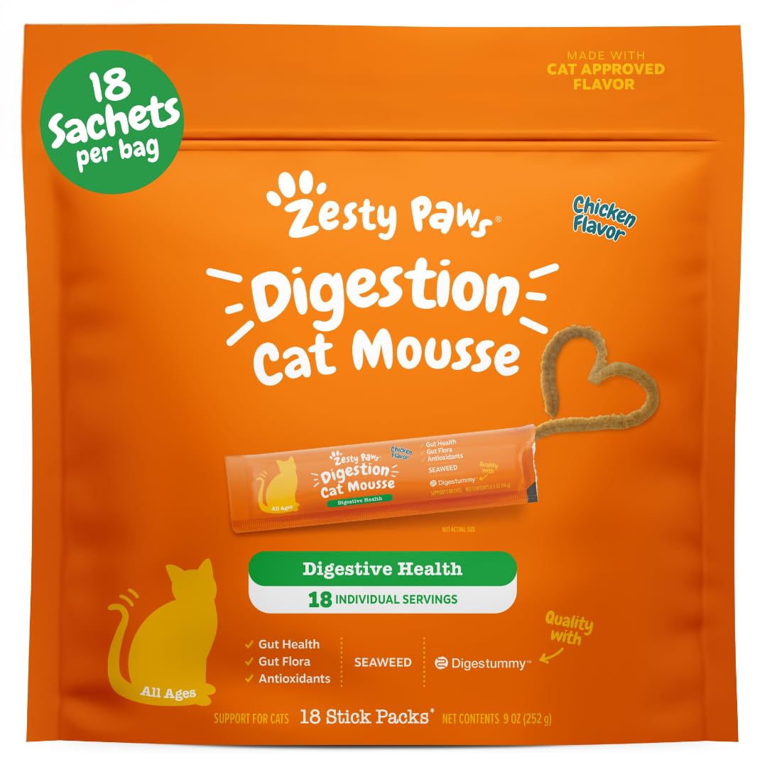 Zesty Paws Cat Mousse Squeezies Puree Cat Treats for Digestion - with Seaweed, Omega Fatty Acids, Antioxidants - Support for Digestive Health Cats - Chicken Flavor - 18 Count