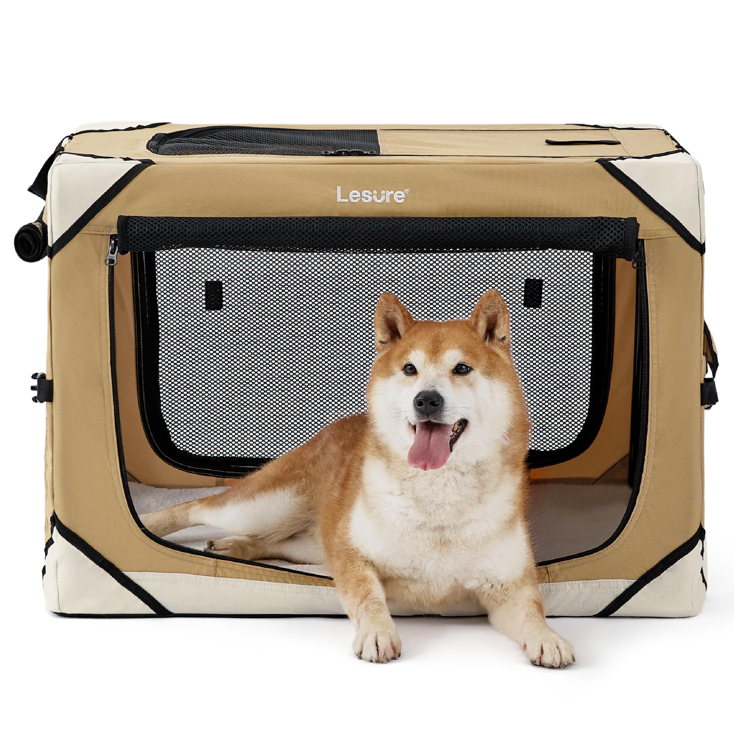 Lesure Collapsible Dog Crate - Portable Travel Kennel for Medium Dog, 4-Door Pet Crate with Mesh Windows, Indoor & Outdoor, Yellow