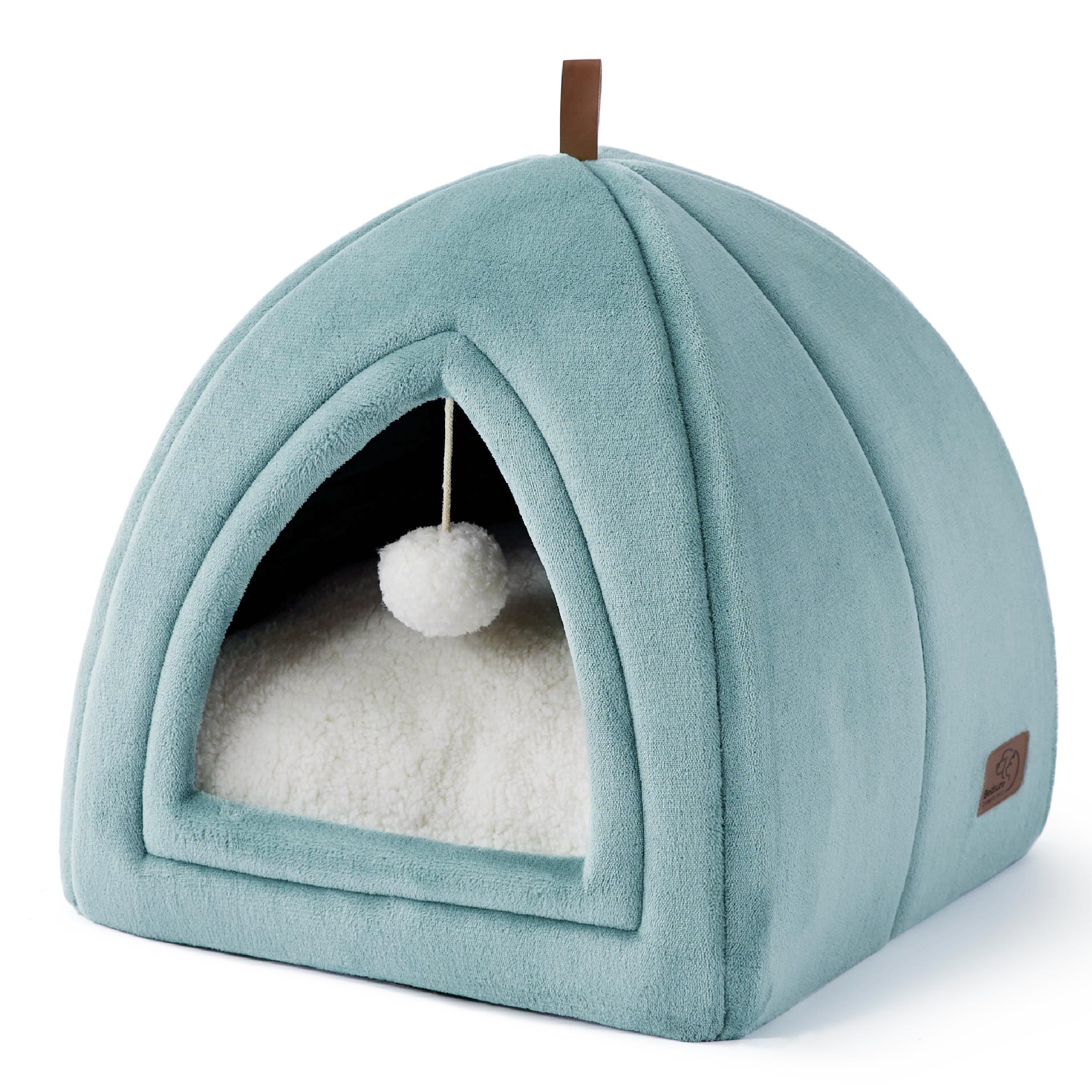 Bedsure Cat Beds for Indoor - 2 in 1 Cat Cave House Tent for Kittens and Small Pets with Removable Washable Cushioned Pillow, Foldable Kitten Hideaway with Non-Slip Bottom, Ocean Blue, 17.3 inches