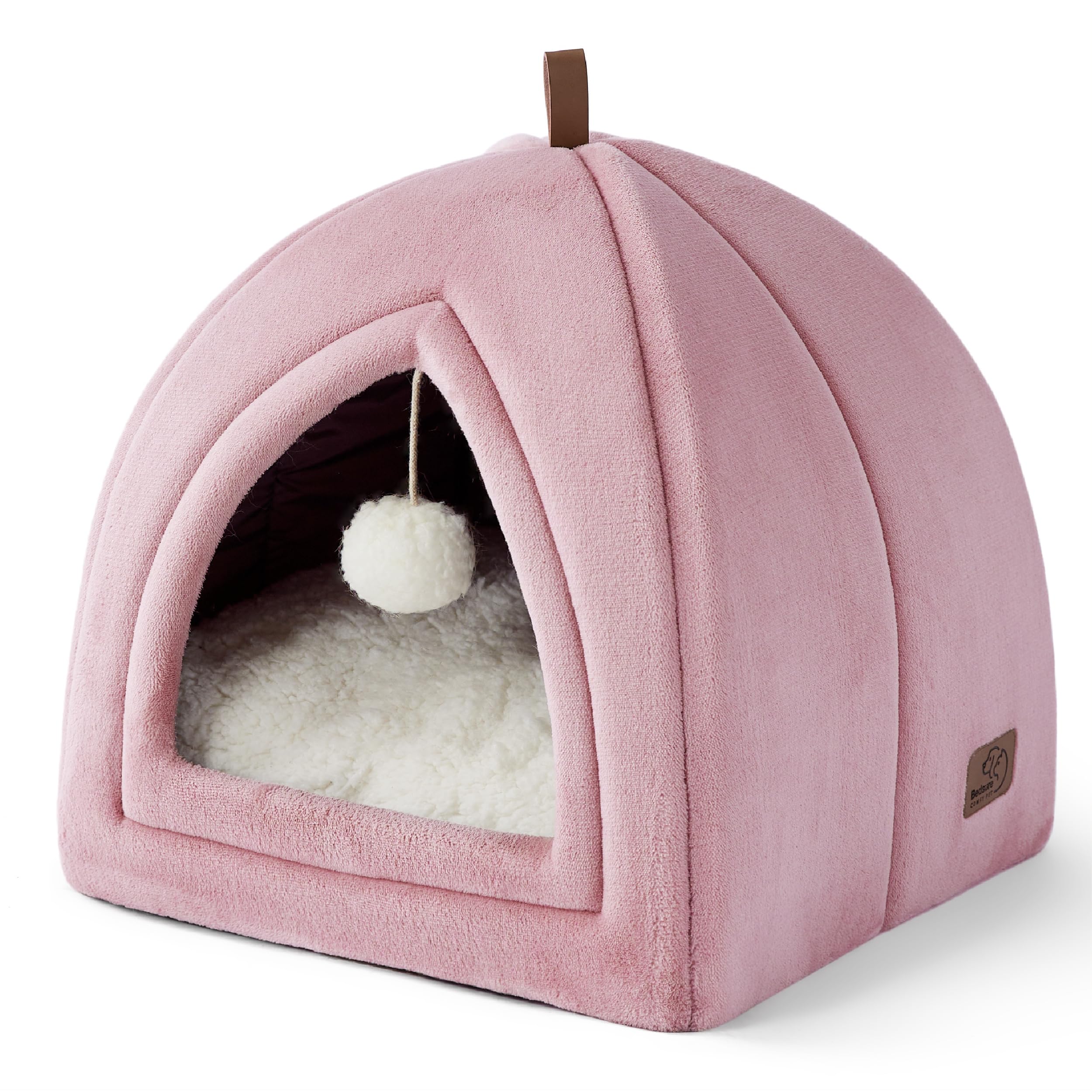 Bedsure Cat Beds for Indoor - 2 in 1 Cat Cave House Tent for Kittens and Small Pets with Removable Washable Cushioned Pillow, Foldable Kitten Hideaway with Non-Slip Bottom, Pink, 17.3 inches