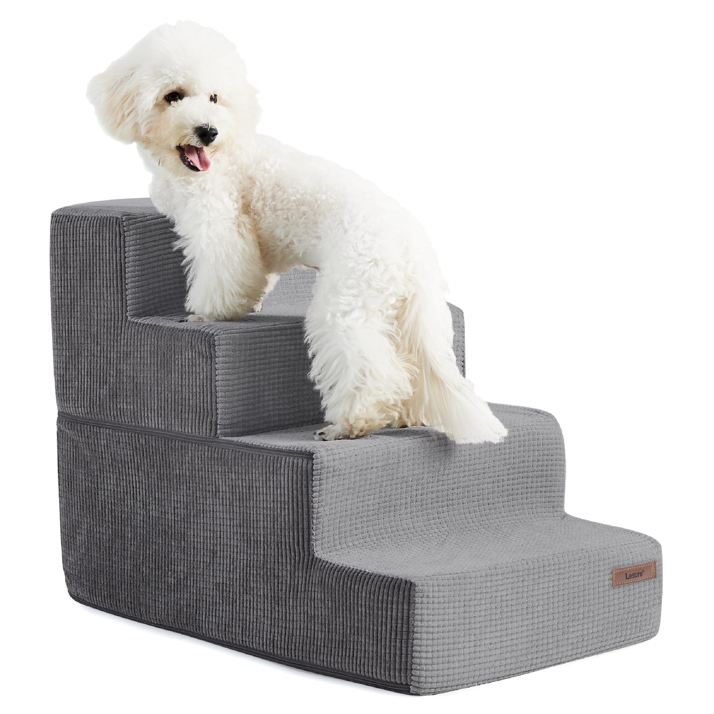 Lesure Dog Stairs for Small Dogs and Cats Foldable Pet Steps for High Beds and Couch with CertiPUR-US Certified Foam and Non-Slip Bottom, Beige Linen-Like Fabric, 5 Steps