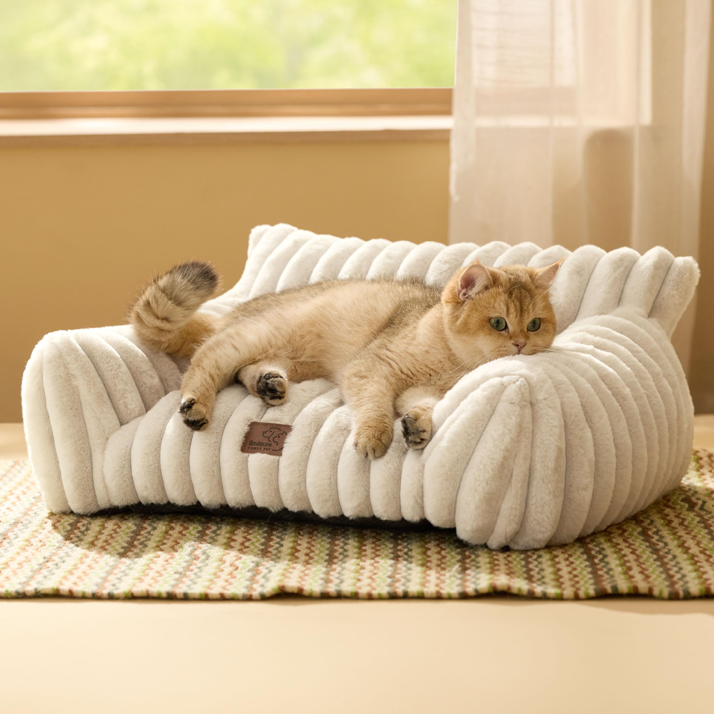 Bedsure ComfyFleece Cute Cat Couch for Pets - Fluffy Cat beds with Premium Soft Corduroy Fleece, Fuzzy Cats beds for Indoor Cats with Removable Washable Cover, Supportive Pet Sofa, 24inch, Cream