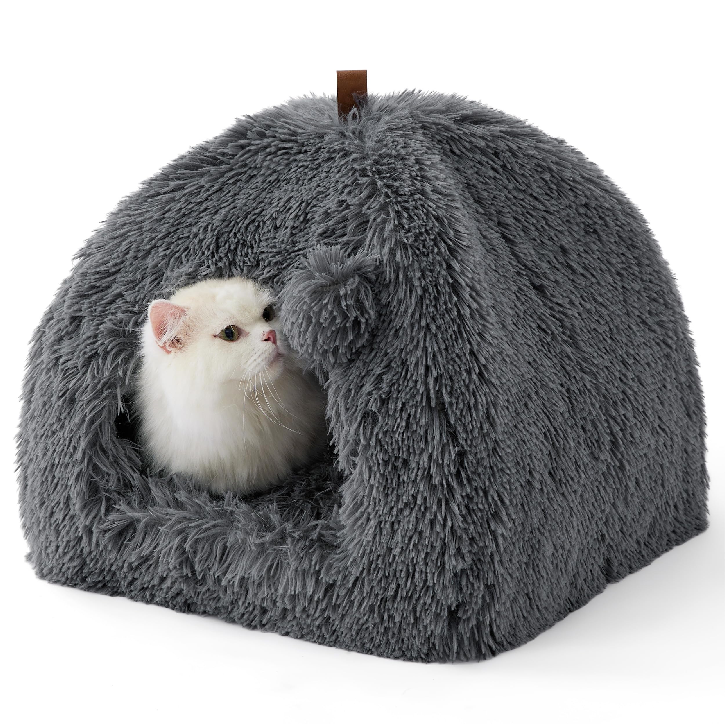 Bedsure Cat Beds for Indoor - 2 in 1 Cat Cave House Tent for Kittens and Small Pets with Removable Washable Cushioned Pillow, Foldable Kitten Hideaway with Non-Slip Bottom, Plush Grey, 16 inches