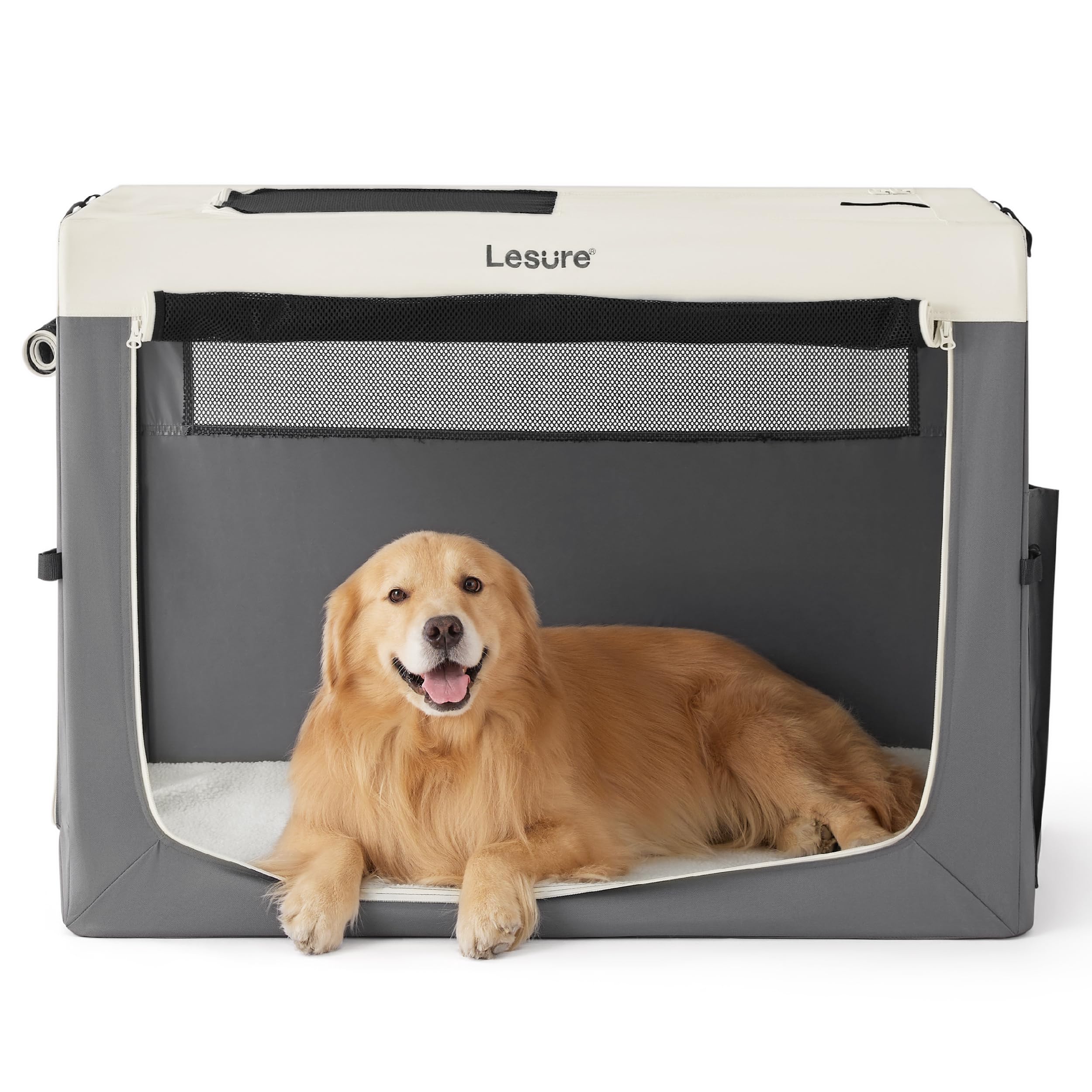 Lesure Collapsible Travel Dog Crate for Small Dogs, Portable Soft Dog Crate for Outdoor & Indoor, Folding Fabric Dog Kennel with Handle, 42 Inch Heavy Duty Pet Carrier (Grey)