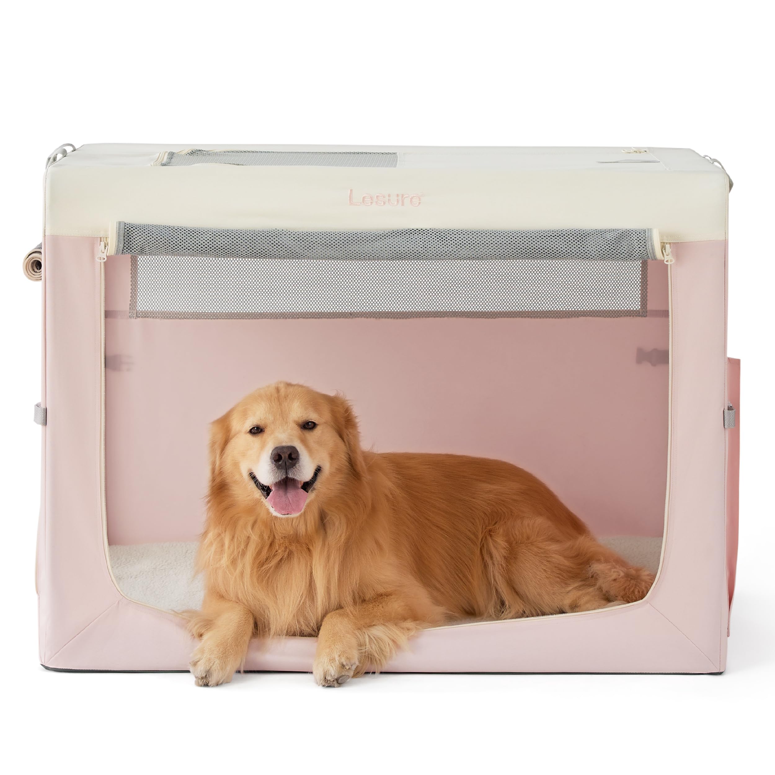 Lesure Collapsible Travel Dog Crate for Small Dogs, Portable Soft Dog Crate for Outdoor & Indoor, Folding Fabric Dog Kennel with Handle, 42 Inch Heavy Duty Pet Carrier (Pink)