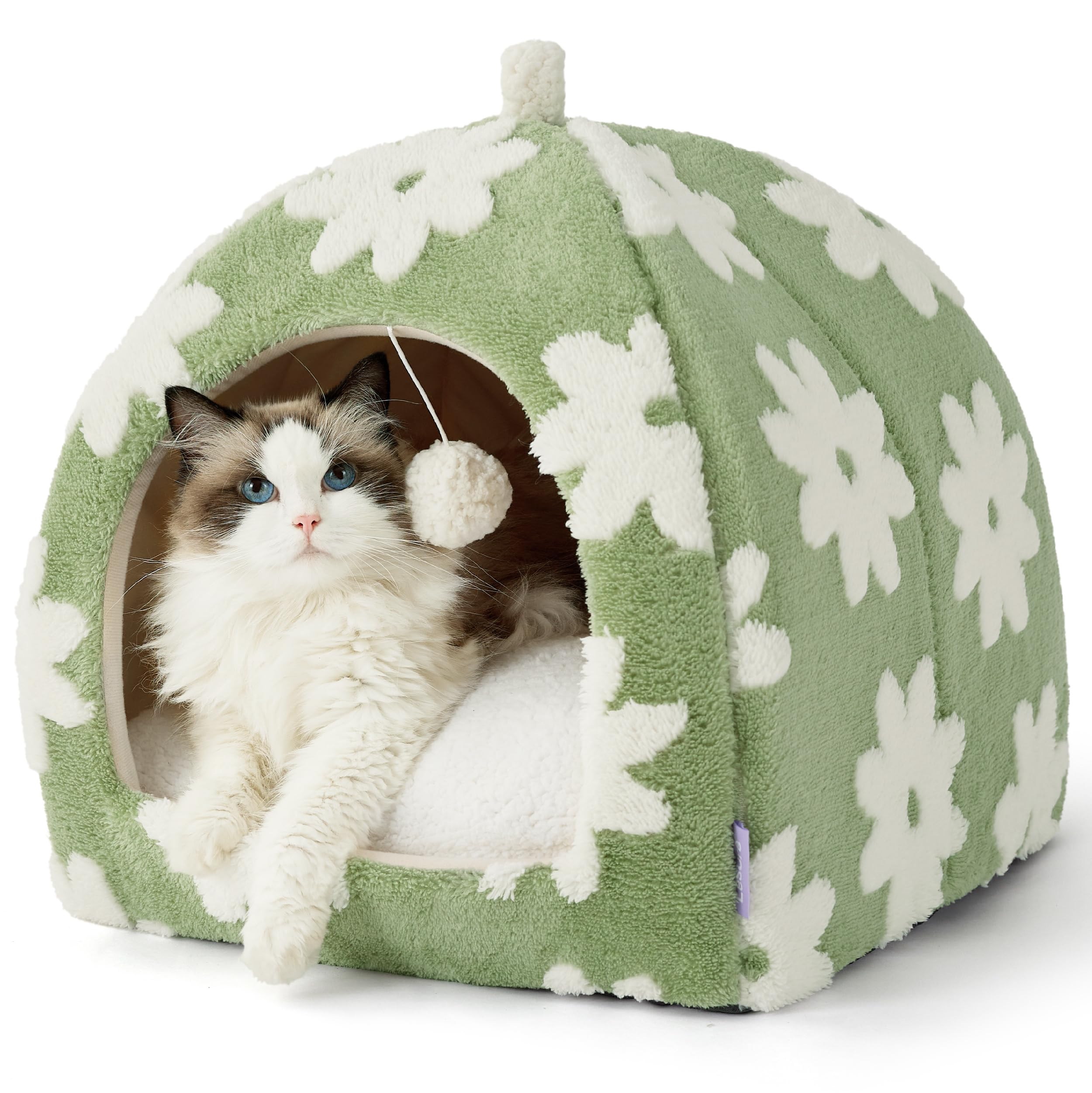 Lesure Cute Cat Beds for Indoor Cats - 2 in 1 Large Cat Cave Bed with Removable Washable Cushioned Pillow, Cozy Kitten Tent with Non-Slip Bottom, Green, 17.3 inches