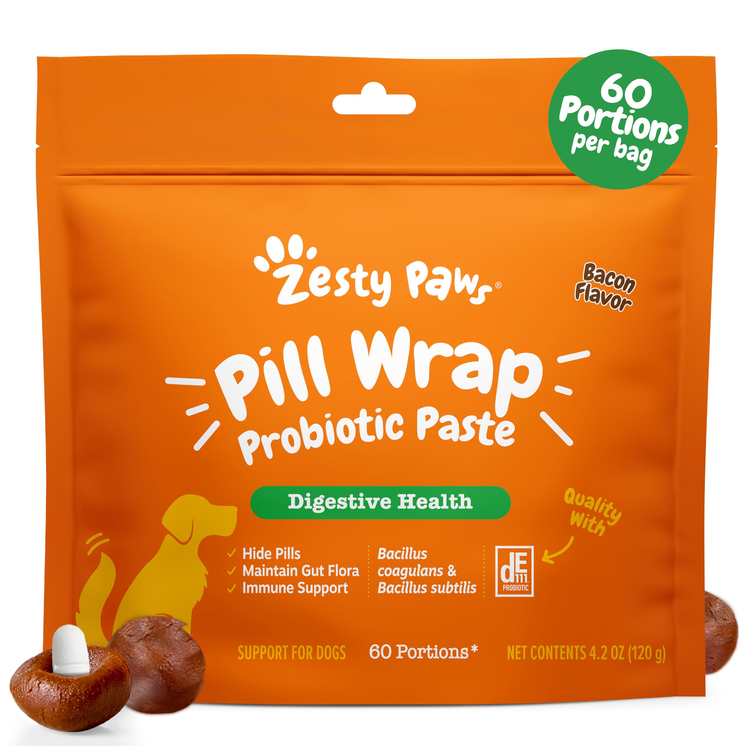Zesty Paws Pill Wrap Probiotic Paste for Dogs - Immune & Digestive System Support - Bacon Flavor - with DE111 Bacillus subtilis - Pockets Any Pill, Tablet & Capsule for Your Dog - 4.2oz - 60 Portions