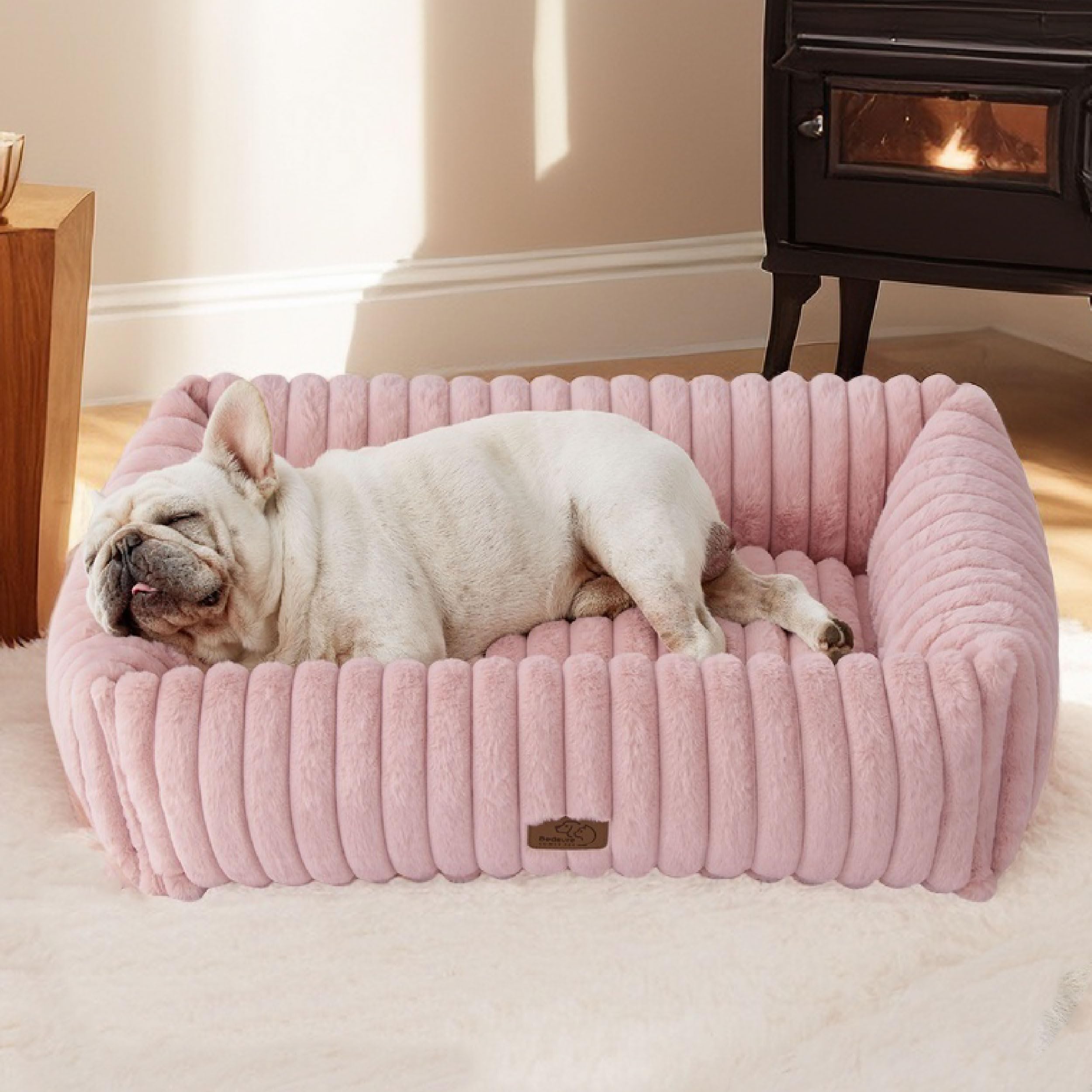 Bedsure ComfyFleece Washable Dog Bed for Medium Dogs - Cute Furry Puppy Beds, Rectangle Orthopedic Corduroy Fleece Pet Beds with Removable Zipper Cover, 30x24x8inches, Blush Pink