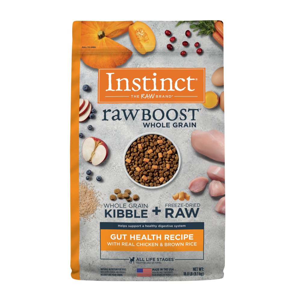 Instinct RawBoost Gut Health, Natural Dry Dog Food with FreshDried Raw Pieces, Whole Grain Recipe- Real Chicken and Brown Rice, 18 lb. Bag, Gut Health, 18 Pound (Pack of 1)