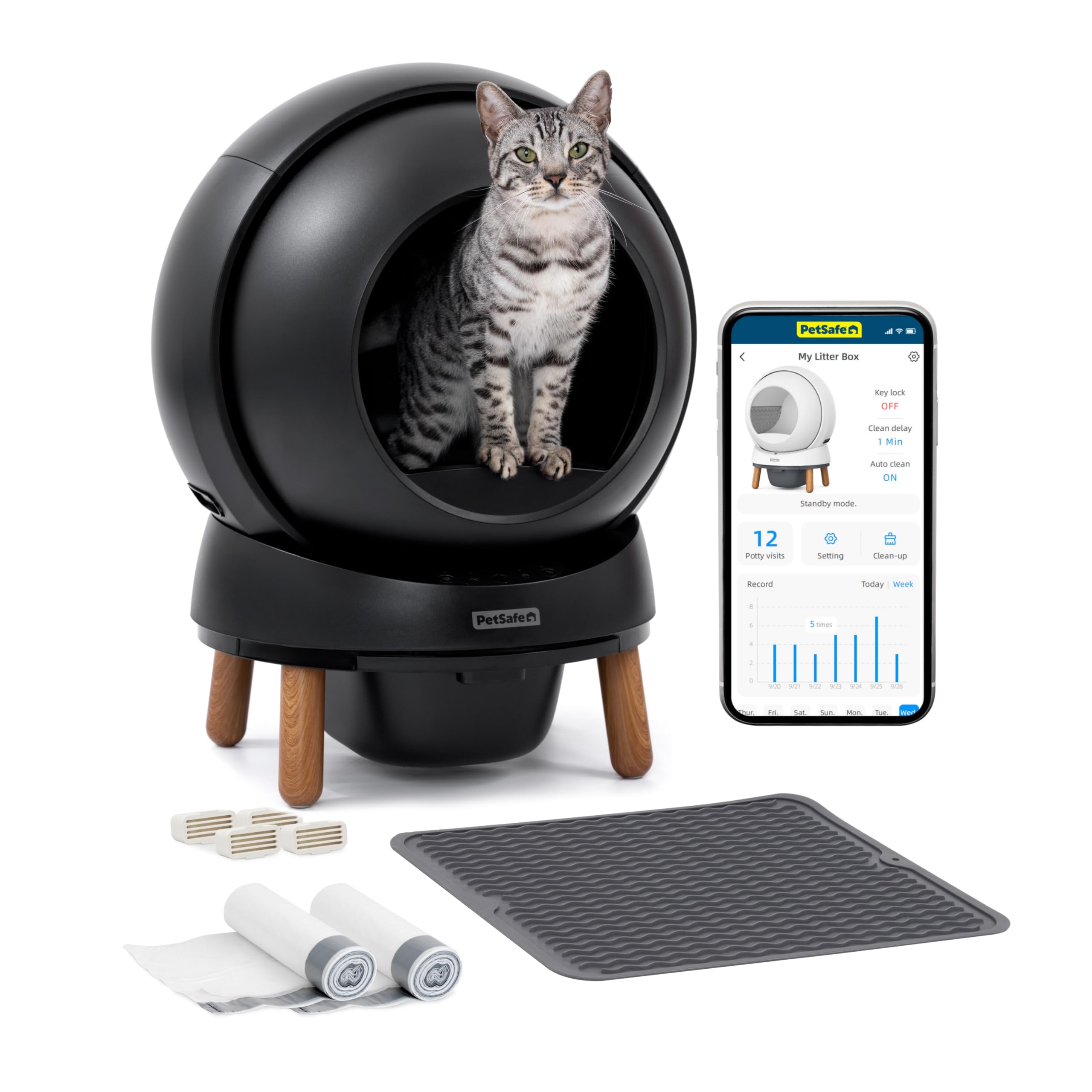 PetSafe ScoopFree SmartSpin Self-Cleaning Litter Box Bundle - Smart Cat Litter Box - Automatic Waste Collection - Odor Control - Complete Litter Kit - Multi-Cat Households, Black, SmartSpin Bundle