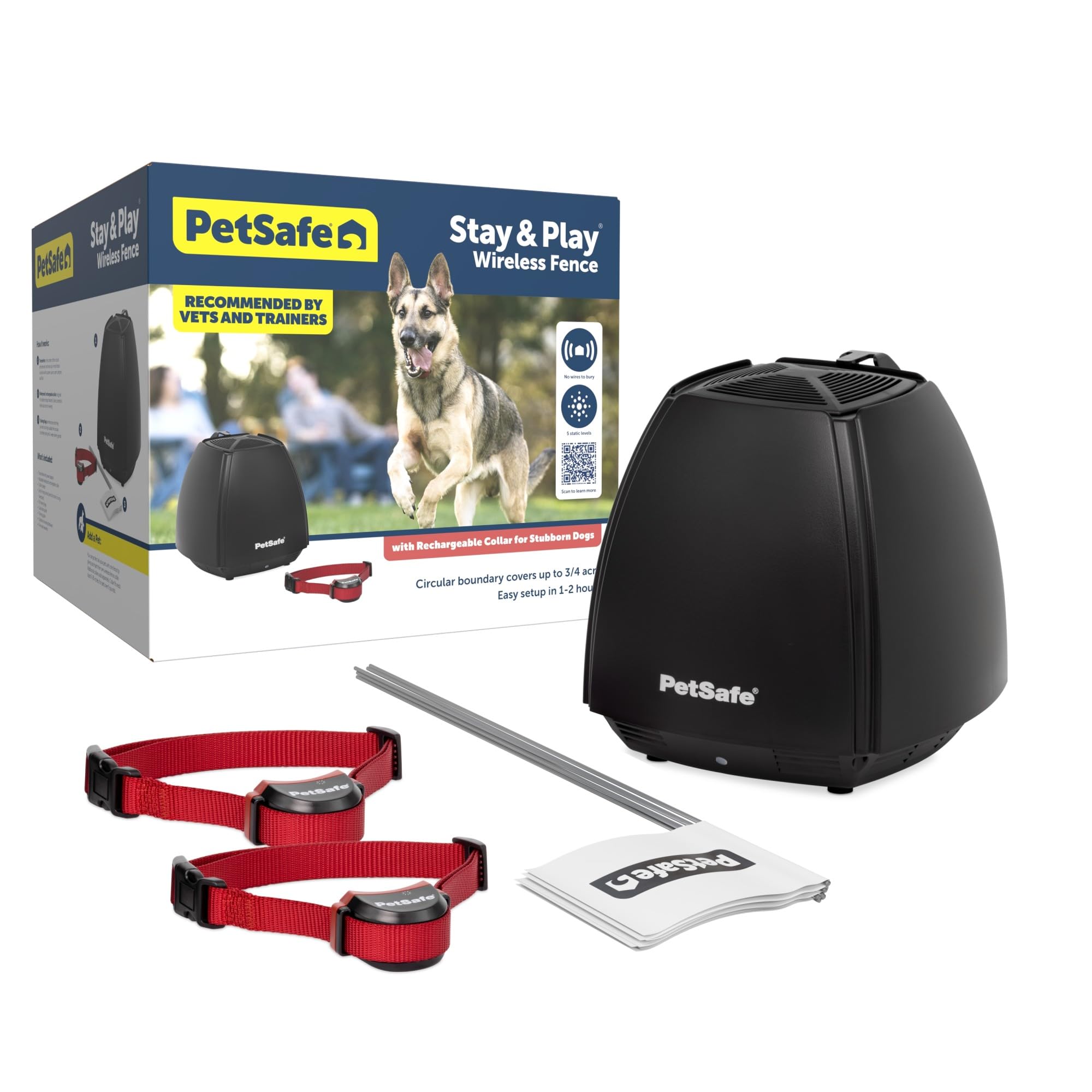 PetSafe Stay & Play 2-Dog Wireless Fence for Stubborn Dogs - America's Safest Wireless Pet Containment System - No Dig Electric Fence - Circular Boundary - Secure 3/4-Acre Yard - for Dogs 5lb+, 2 Dog Stubborn Dog Wireless Fence Kit